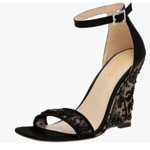 Miss left Black Wedge Heel SandalAnkle Strap Embroidery Lace Open Toe Shoes
